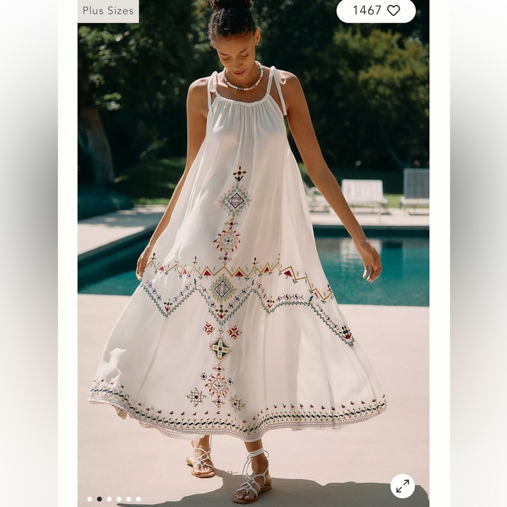 Anthropologie White Embroidered Tie-Shoulder Maxi Dress